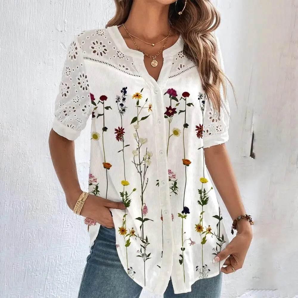 Temperament Casual Lace Woman Shirt Fashion Loose Shirt Woman Elegant Short Sleeve Blouse Holiday Weekend - Empire P.E