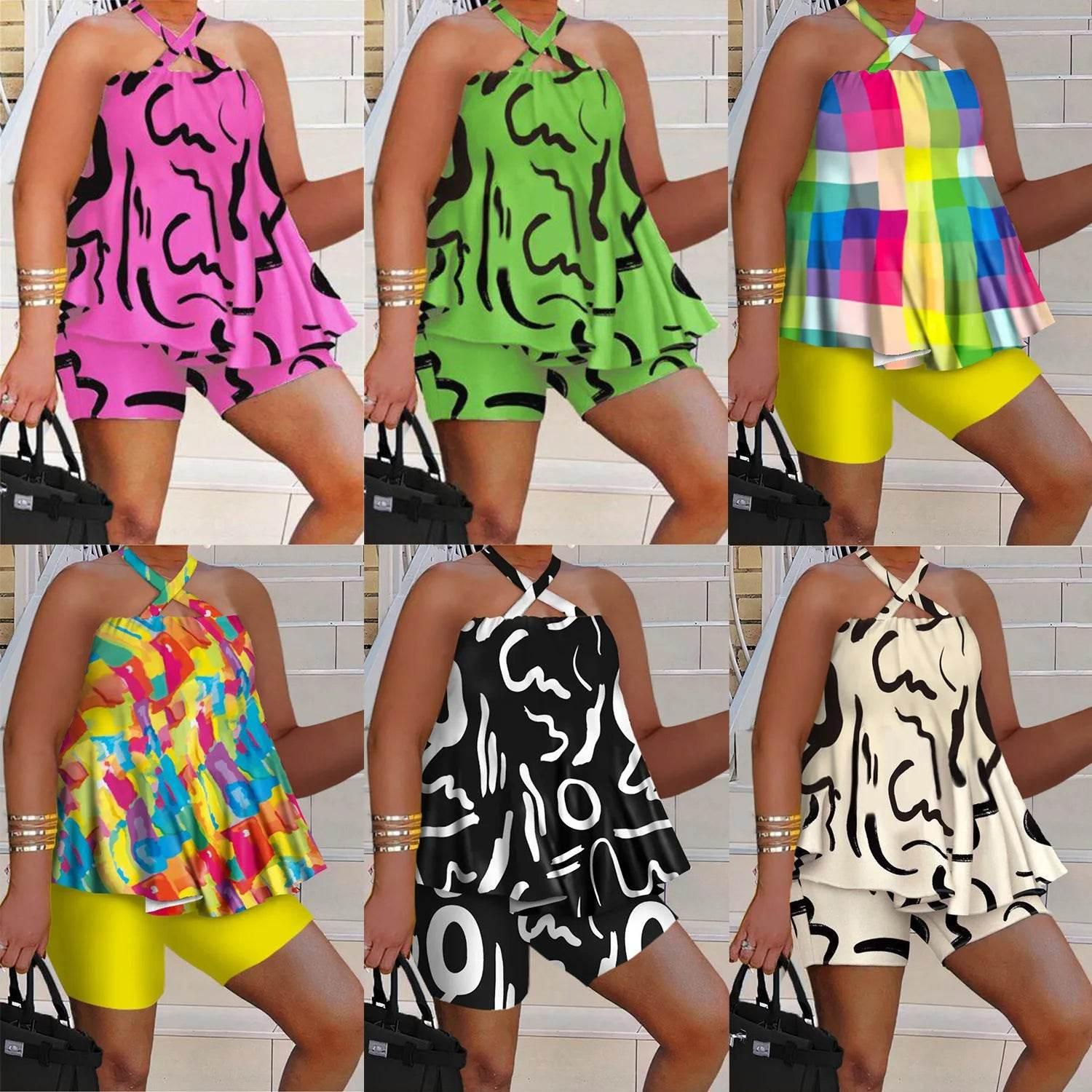 Wmstar Plus Size Two Piece Set Women Sleeveless Printed Short Sets Top Pants Sexy Suit Beach Summer Wholesale Dropshipping 2023 - Empire P.E