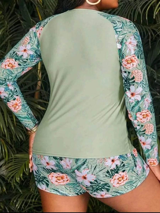 2025 Tropical Long Sleeve Swimsuit Women Plus Large Size Swimwear XL-4XL - Empire P.E