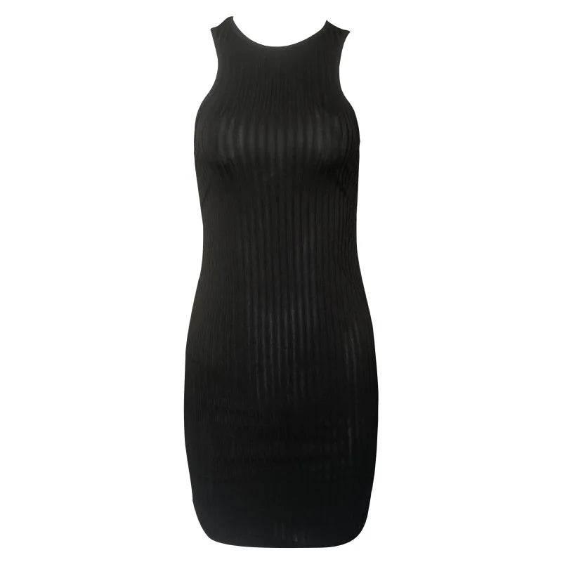 Sexy Stripes Thread Knitting Slim Bodycon Dress Women Sleeveless Solid Color Skinny Mini Dress Elegant Club Party Vestidos - Empire P.E