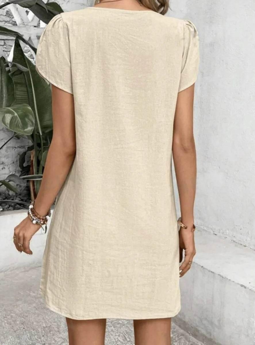 Plus Size Women 2024 Summer Short Sleeve Dress Asymmetrical Neck Petal Sleeve Button Front Dress - Empire P.E