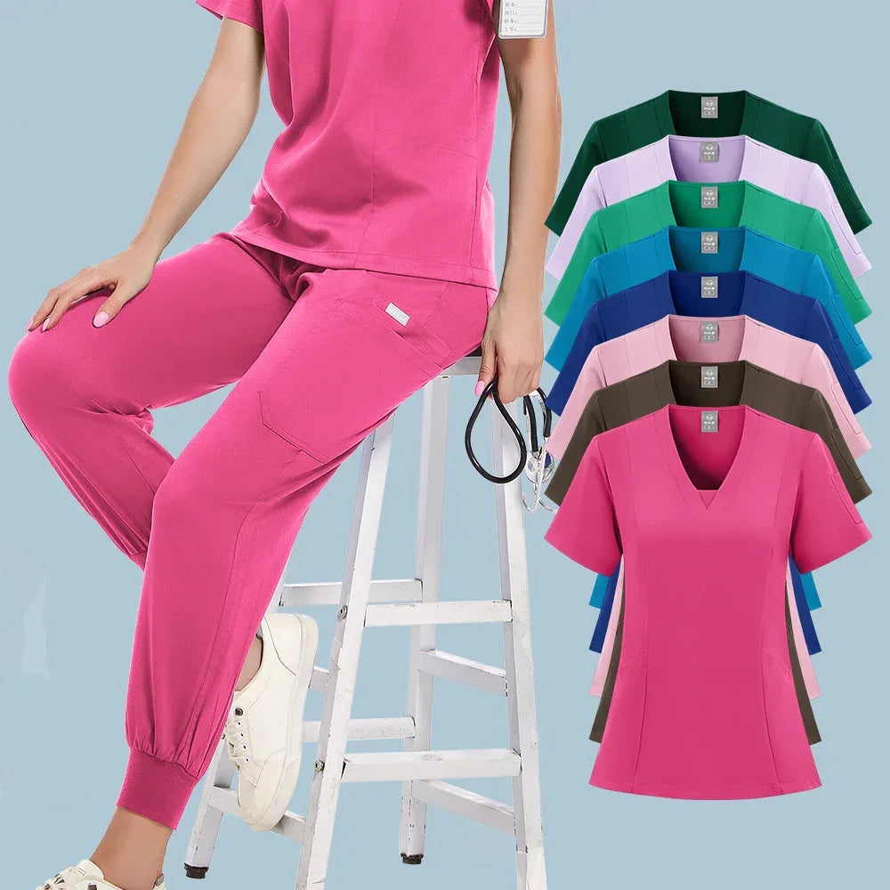 Two-piece Scrubs set Short Sleeve V Neck Pockets Drawstring Jogger Pants - Empire P.E