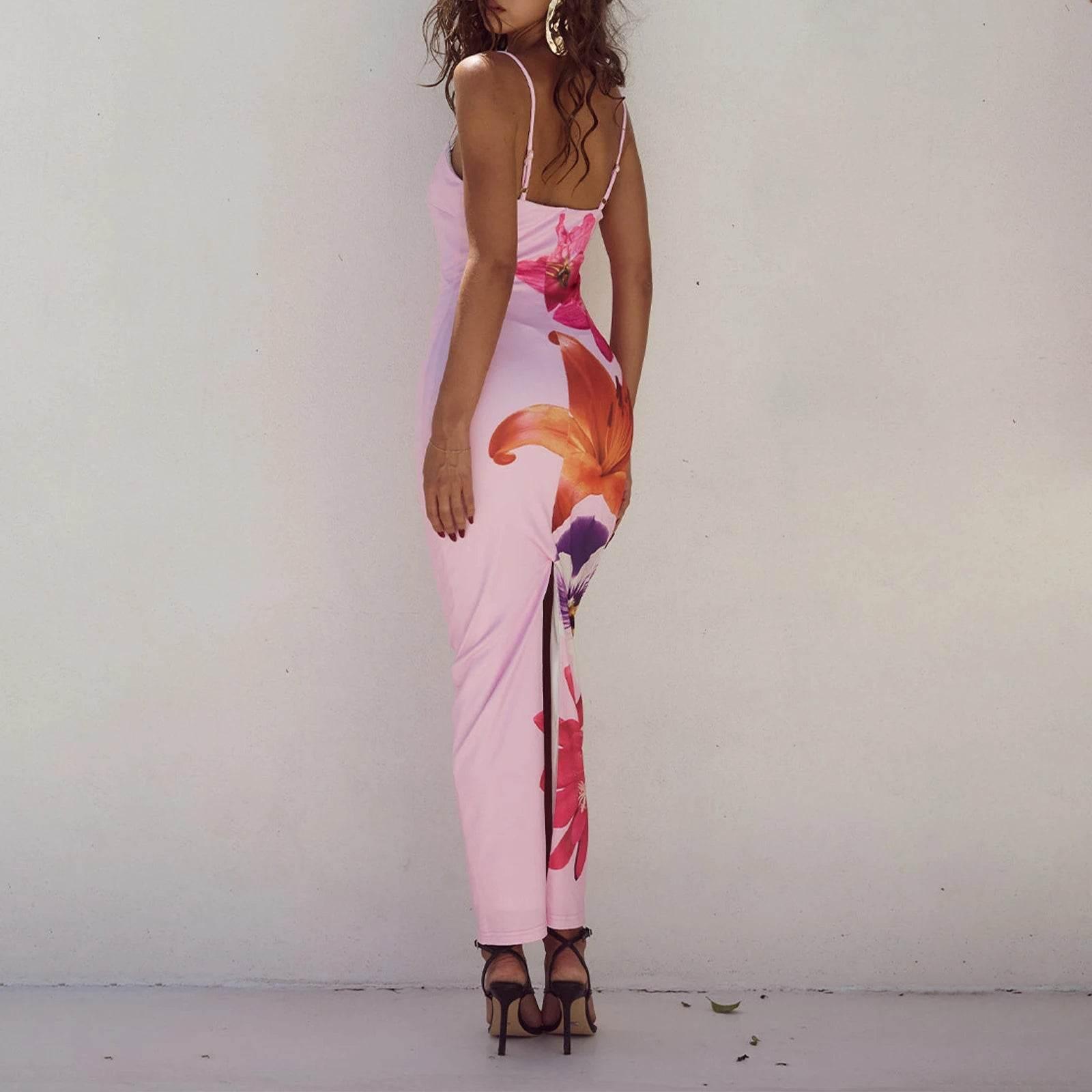 Women Cocktail Bodycon Dress Split Bodycon Party Floral Print Spaghetti Strap Dresses Sexy Female Summer Outfits Streetwear - Empire P.E