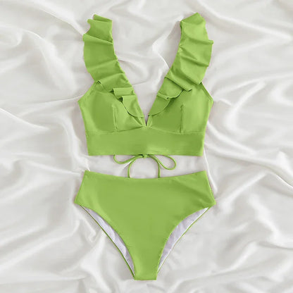 Riseado High Waist Bikinis Set Ruffle Shoulder Sexy Plunging Swimwear Women Bathing Suit Summer Beachwear - Empire P.E