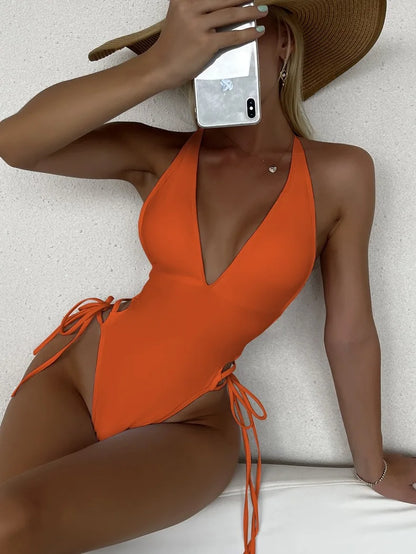 2025 Summer Solid Sexy Plunging 1 Pcs Swimsuit
