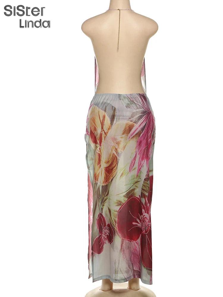 Sisterlinda Autumn Release Junior Ankle-Length Sexy High Street Dress K24D57158Girl Printing Slim Cleavage Backless Fashion Robe - Empire P.E