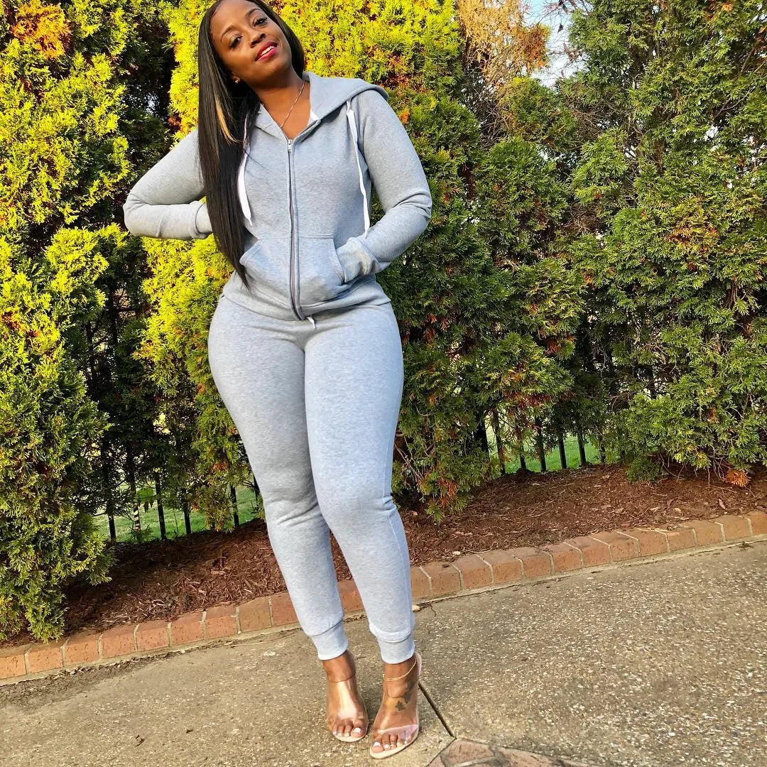 2 Pieces Set Women Fall Hot Style Pure Color Fleece two piece set - Empire P.E