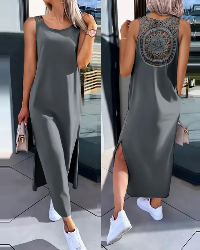 Hollow Out Solid Long Dress Women Fashion Sleeveless - Empire P.E