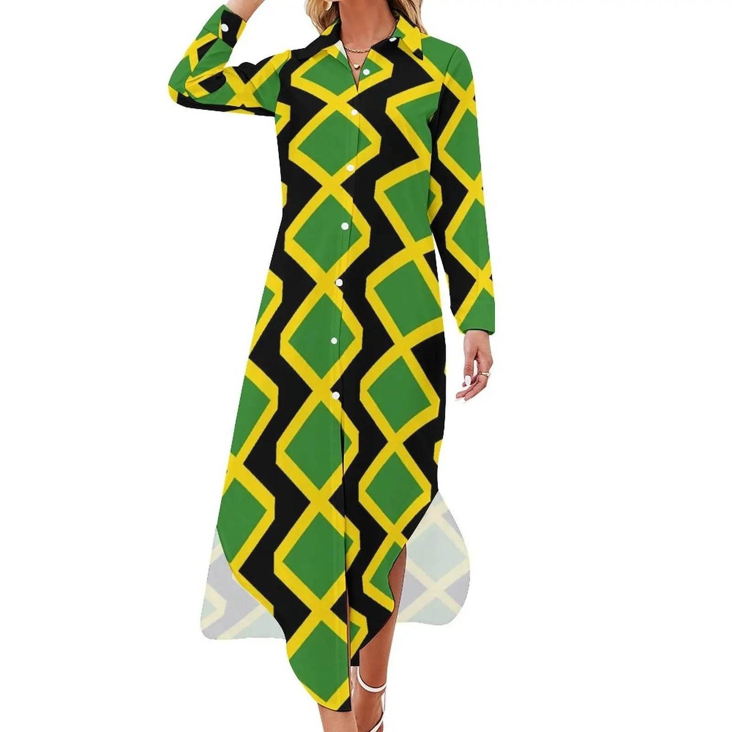 Patriotic Jamaica Flag Chiffon Dress Sexy V Neck Green Yellow Pretty Dresses Ladies Street Wear Casual Dress Gift - Empire P.E