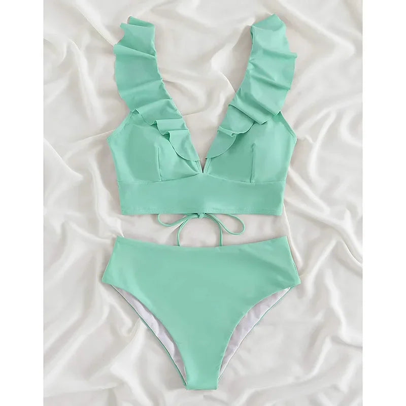 Riseado High Waist Bikinis Set Ruffle Shoulder Sexy Plunging Swimwear Women Bathing Suit Summer Beachwear - Empire P.E