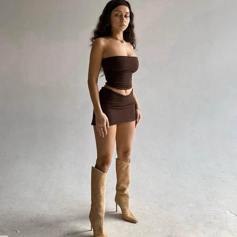 Hawthaw Women 2024 Summer Tube Tops Mini Skirts Party Club Two Piece Matching Sets Vacation Outfits Wholesale Items For Business - Empire P.E