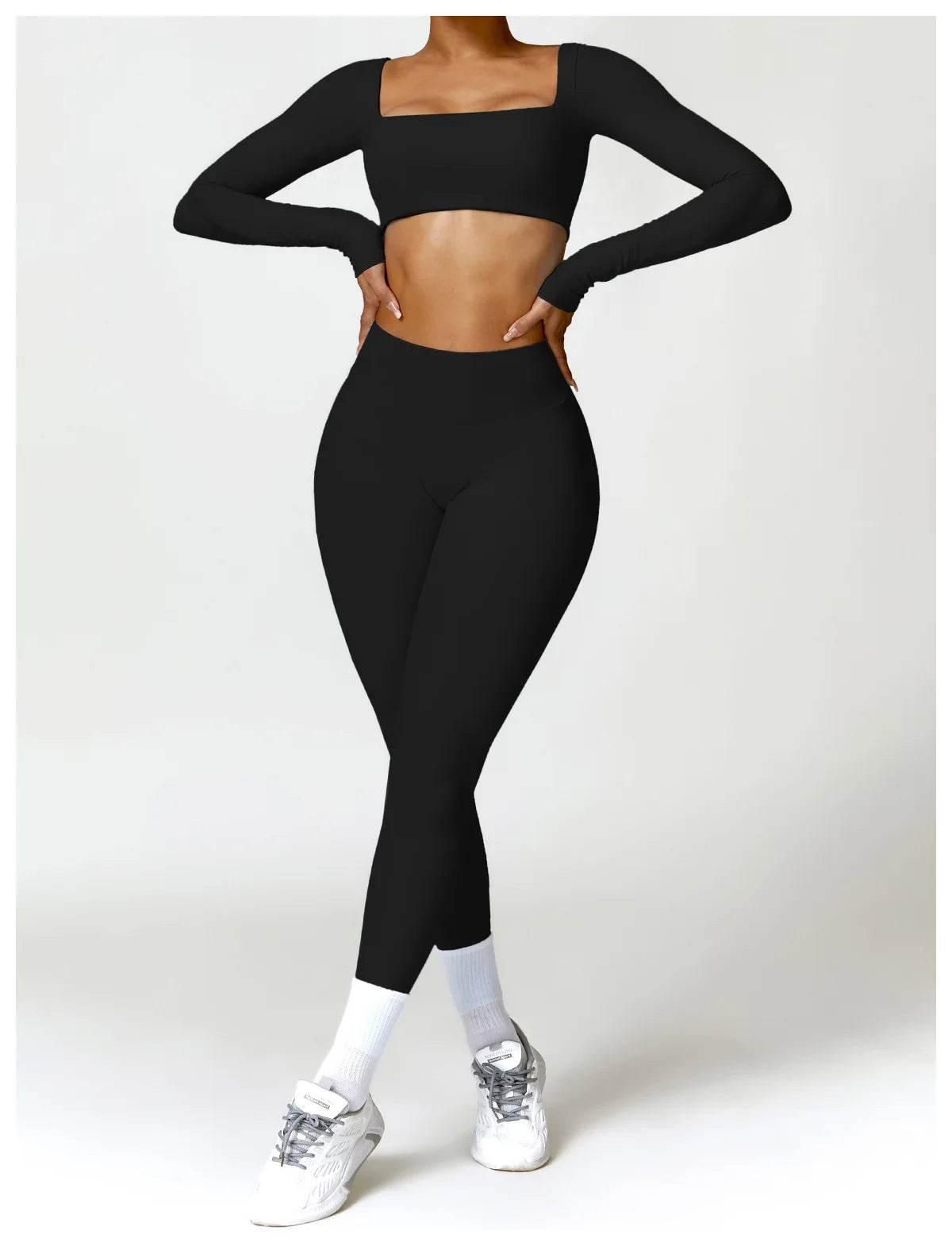 Hearuisavy 2PCS Long Sleeve Gym Set Women Yoga Clothes Quick-Drying Sportswear Running Leggings Workout Sports Crop Top Women - Empire P.E