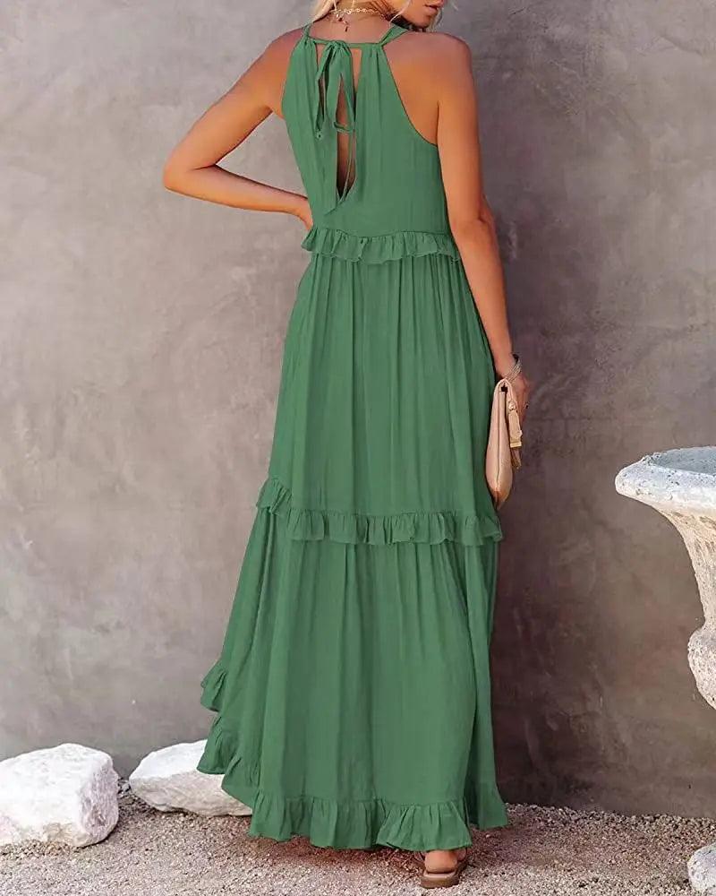 Women Casual Solid Ruffles Long Dress - Empire P.E