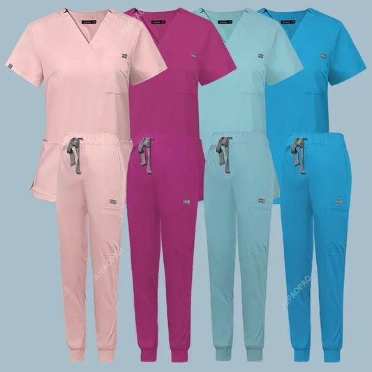 Multicolor Scrubs Uniform Short Sleeve Tops+Pants Set
