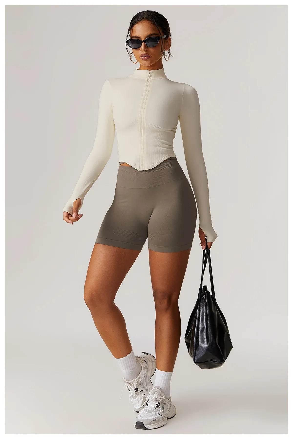 Women Seamless Zipper Jacket Yoga Long Sleeved Gym Top Ribbed Yoga Stand Collar Jacket Running Workout Sport Coat Women's Shirts - Empire P.E