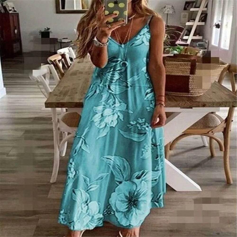Woman Summer Long Dress Sling New Milk Silk Slim Floral Flowers Print Sleeveless V Neck Maxi Dresses Clothing Vestidos YRW6820 - Empire P.E