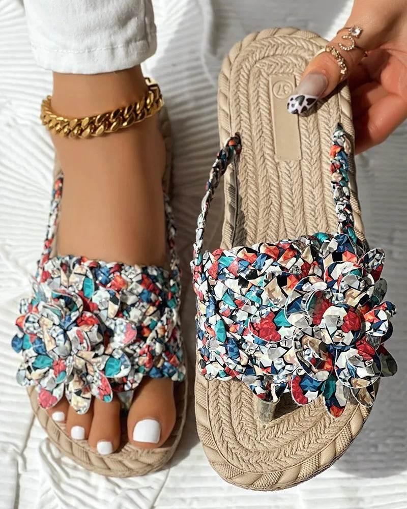 Slippers Women Ombre Floral Pattern Braided Casual Shoes Vacation Flat Holographic Braided Floral Pattern Toe Beach Flip Flops - Empire P.E