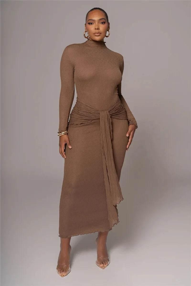 Mozision Elegant Long Sleeve Sexy Maxi Dress For Women Gown Fashion Drape Turtleneck Ruched Bodycon Club Party Long Dress - Empire P.E