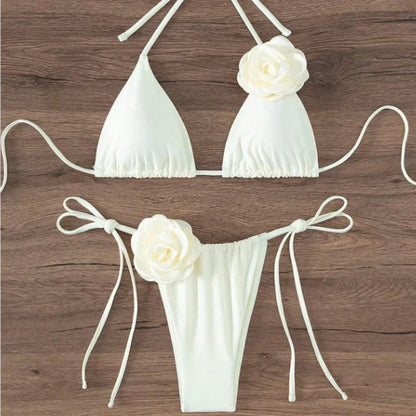 Sexy 3D Flowers Halter Strappy Bikini Swimsuit Two-pieces Bikini Set - Empire P.E