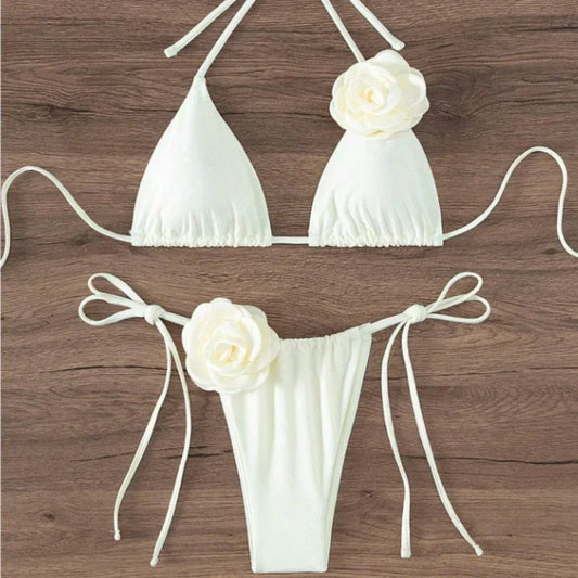 Sexy 3D Flowers Halter Strappy Bikini Swimsuit Two-pieces Bikini Set - Empire P.E