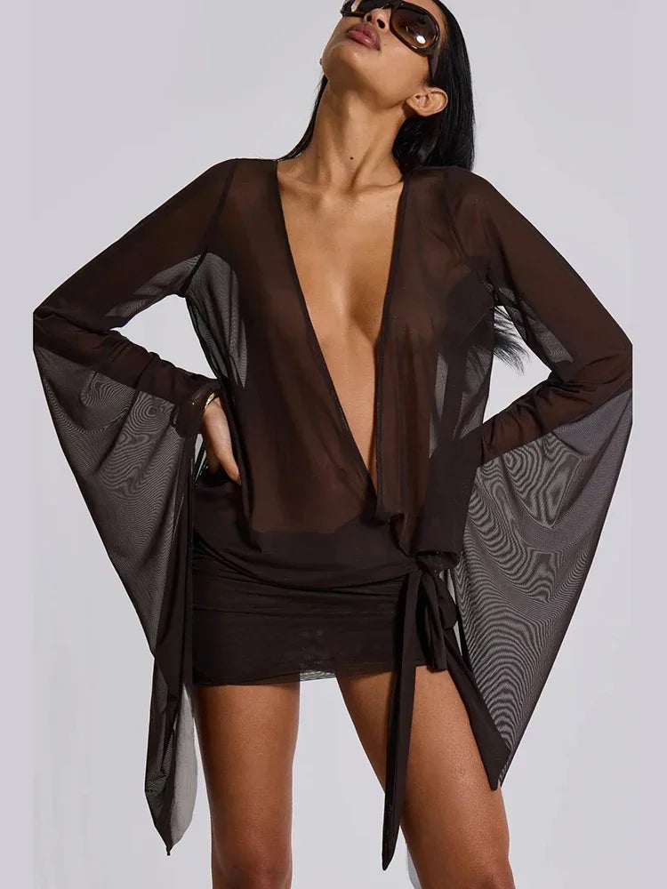 Mini Dress Sexy See Through Chic Long Sleeve Deep Low Neck - Empire P.E