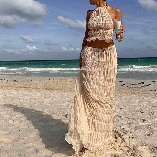 Women Boho Sexy Backless Matching Suit 2 Piece Beach Holiday Outfits Vintage Ruched Halter Cami Tops + Maxi Long Skirt Party - Empire P.E