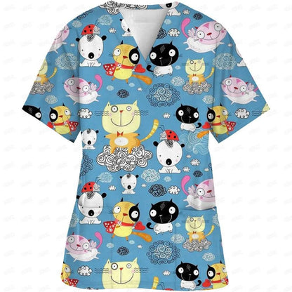 Women Easter Day Nurse Uniform Cartoon Print Short Sleeve V Neck - Empire P.E