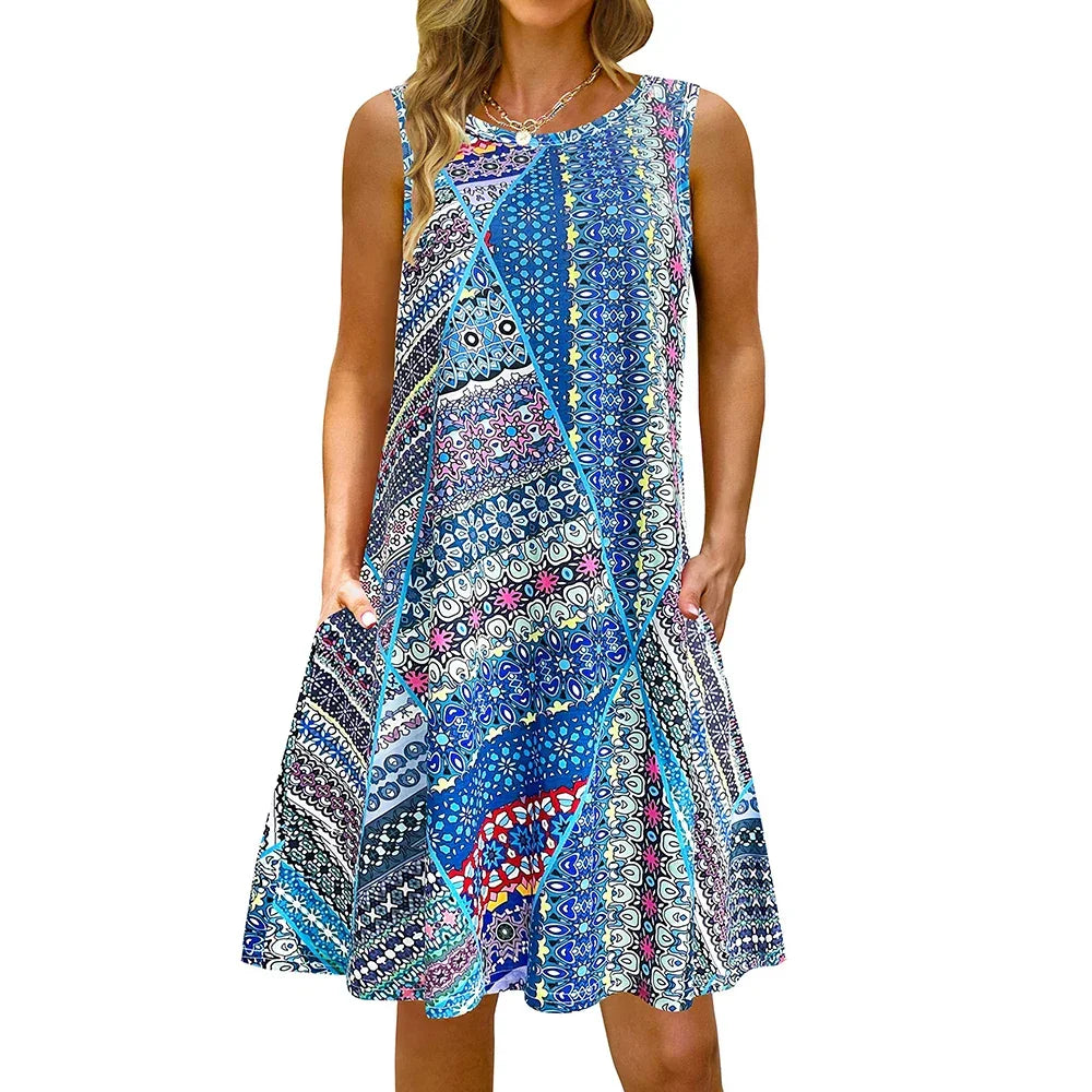 S-5Xl Colorful Printed O Neck Long Dress - Empire P.E