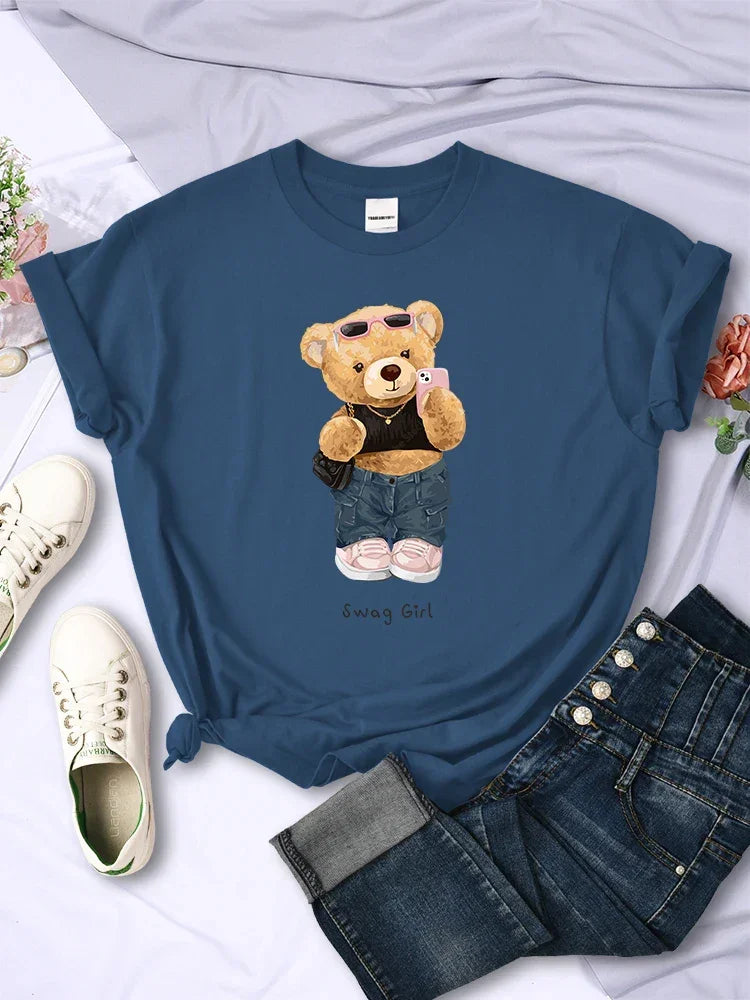Street Teddy Bear Selfie Swag Girl Funny Printed T-Shirts - Empire P.E