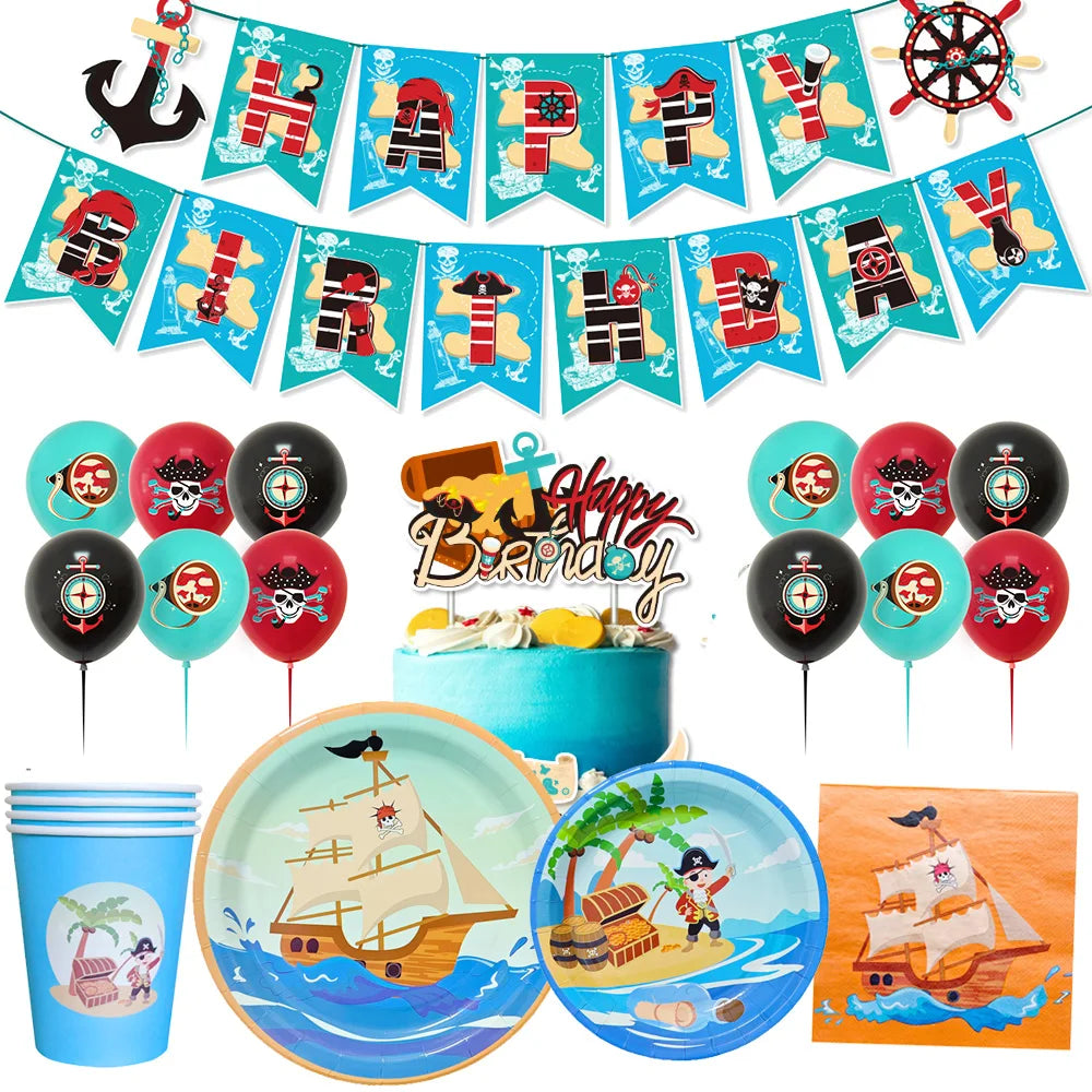 Pirate Party Decorations Dinner Plates Dessert Plates Cups Napkins Pirate Birthday Party Supplies for Kids Boys and Girls Party - Empire P.E