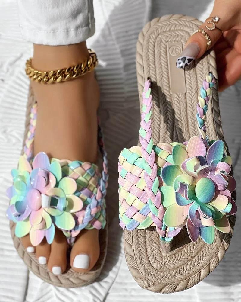 Slippers Women Ombre Floral Pattern Braided Casual Shoes Vacation Flat Holographic Braided Floral Pattern Toe Beach Flip Flops - Empire P.E