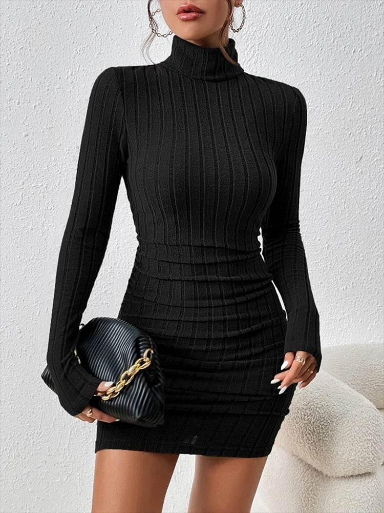 New Sexy Mini Dress For Women Autumn Black Solid Turtleneck Long Sleeves Sheath Dress Club Elegant Bodycon Party Dresses Female - Empire P.E