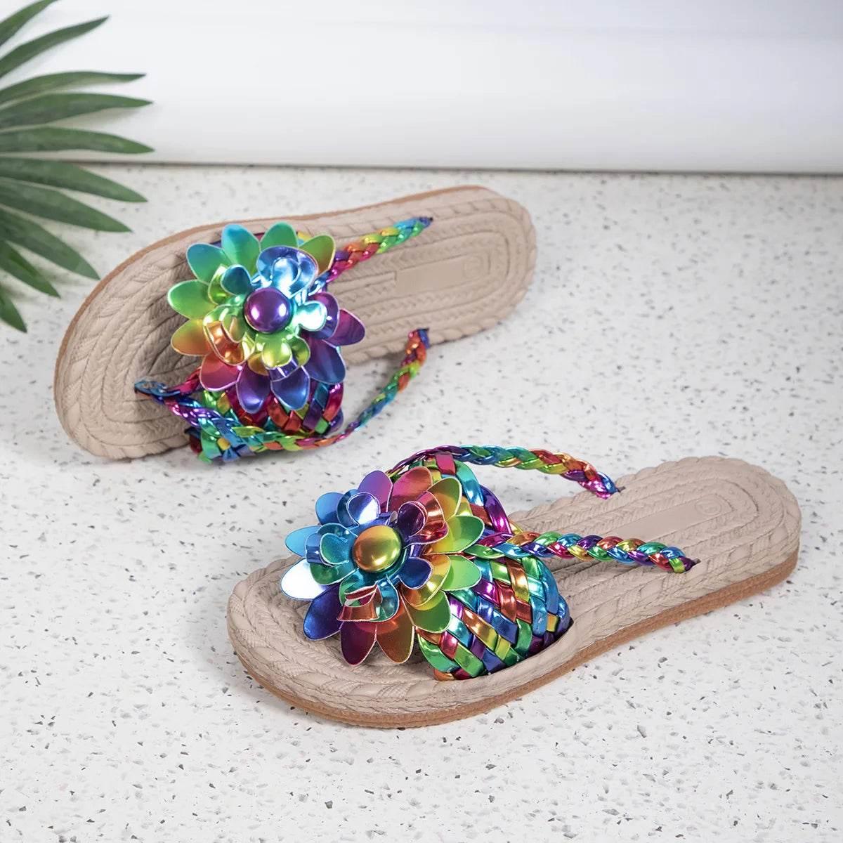 Slippers Women Ombre Floral Pattern Braided Casual Shoes Vacation Flat Holographic Braided Floral Pattern Toe Beach Flip Flops - Empire P.E