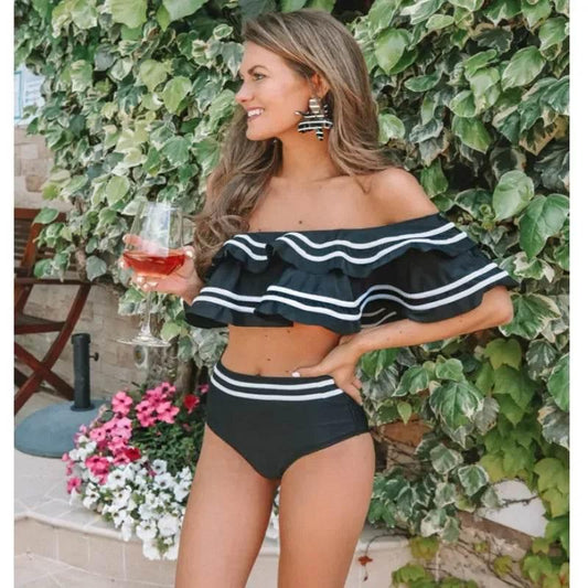 Black striped women bikini set two pieces sexy off shoulder ruffles high waist bathing suits summer beach swimsuits - Empire P.E