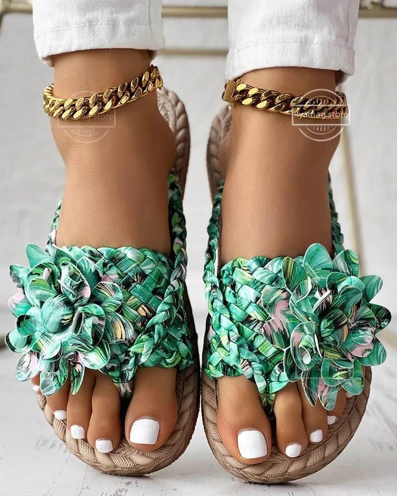 Slippers Women Ombre Floral Pattern Braided Casual Shoes Vacation Flat Holographic Braided Floral Pattern Toe Beach Flip Flops - Empire P.E