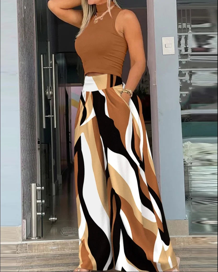 Fashionable Printed Wide-leg Trousers Two-piece Suit - Empire P.E