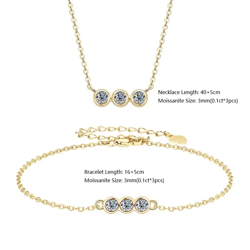 3mm Moissanite Jewelry Sets Real 925 Silver for Women 3 Stones Pendant Necklace Stud Earrings Set - Empire P.E