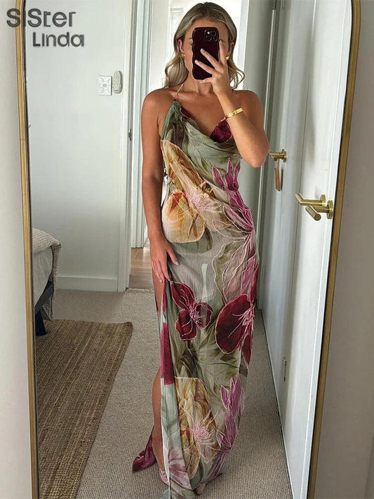 Sisterlinda Autumn Release Junior Ankle-Length Sexy High Street Dress K24D57158Girl Printing Slim Cleavage Backless Fashion Robe - Empire P.E
