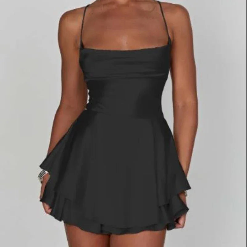 Satin Silk Women Sexy Cami Playsuits Dress Solid Cowl Neck Sleeveless Short Jumpsuits Summer Cross Tie-Up Backless Romper - Empire P.E