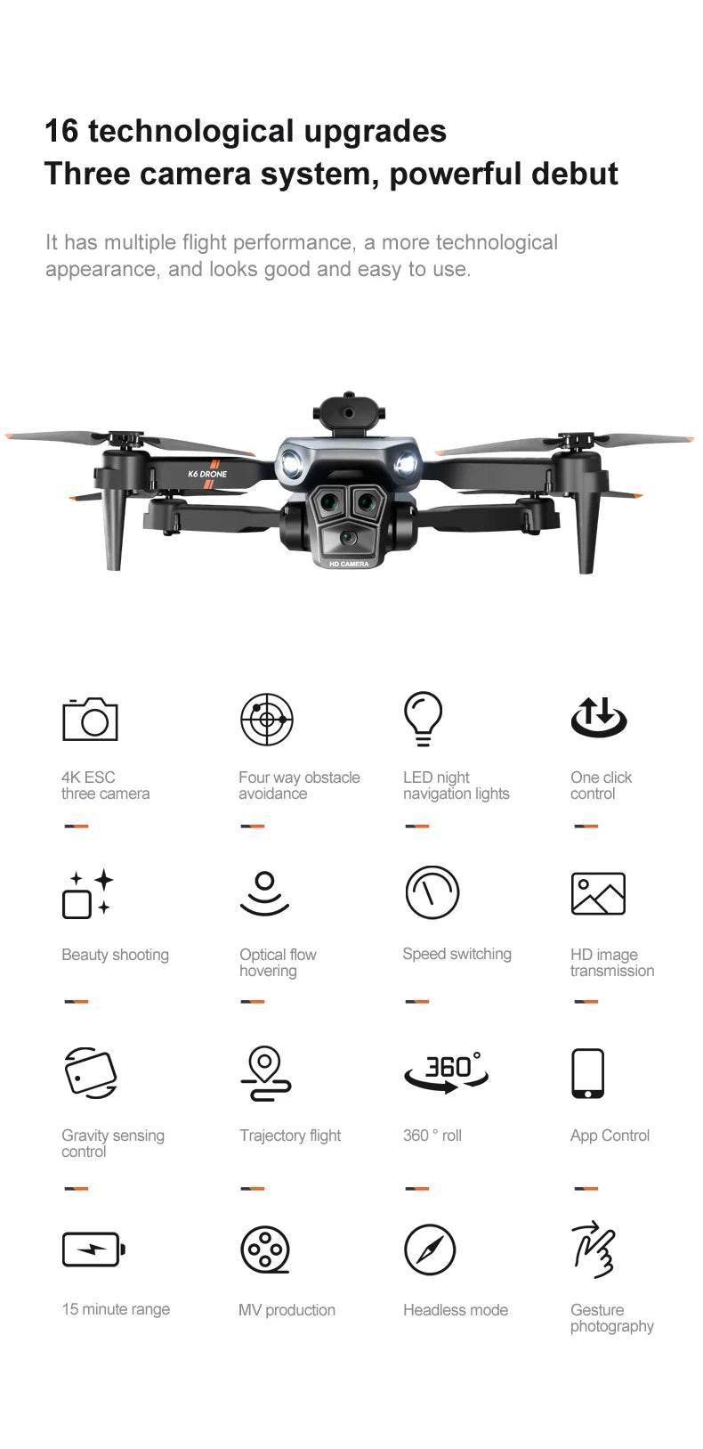 New light Flow professional UAV K6 MAX 4K HD three camera - Empire P.E