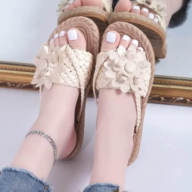 Slippers Women Ombre Floral Pattern Braided Casual Shoes Vacation Flat Holographic Braided Floral Pattern Toe Beach Flip Flops - Empire P.E
