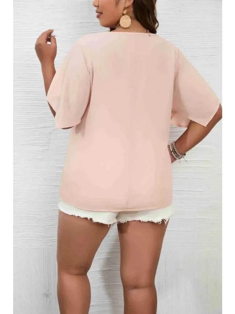 Women's Plus Size 1XL-5XL Solid Color Short Sleeve Blouse V Neck Bell Sleeve Blouse Casual Pullovers Shirt Top - Empire P.E