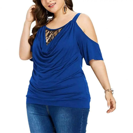 Plus Size Summer Women Blouse Lace Short Sleeves Hollow Out Solid Color See-through Off Shoulder Shirts Blouse Top - Empire P.E