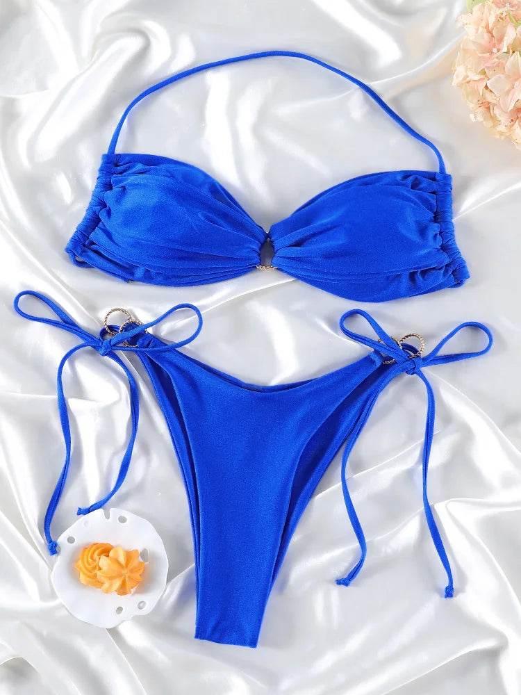 Solid Color Bikinis Push Up Swimwear Women Halter Bikini Set - Empire P.E