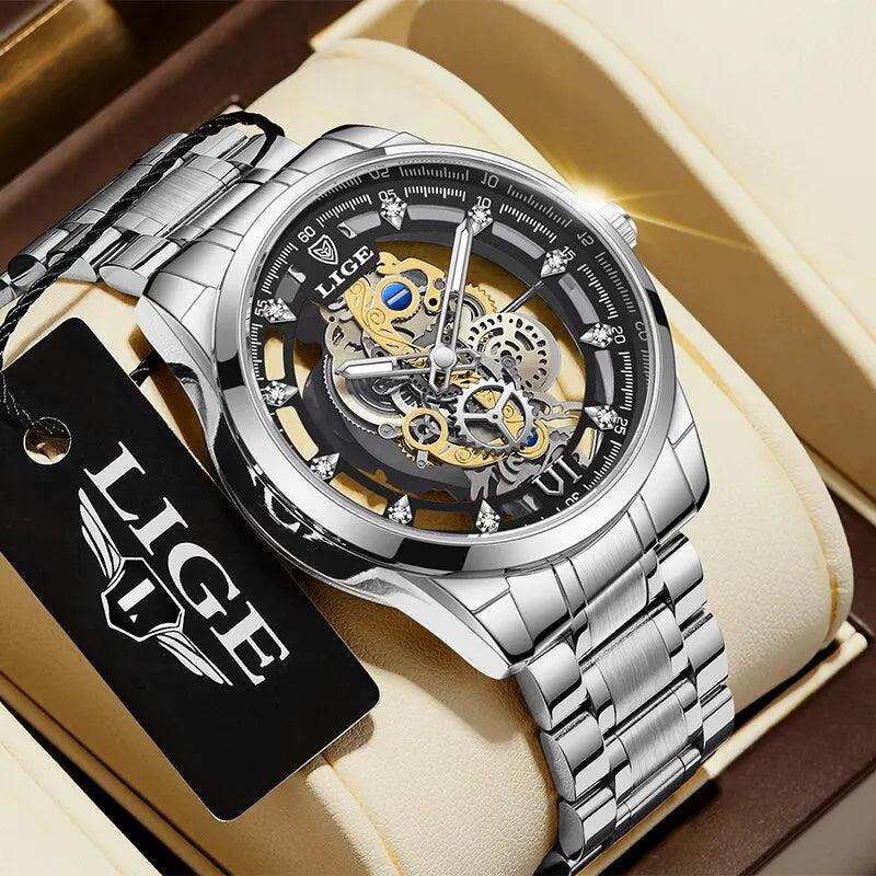 LIGE New Men Watch Skeleton Quartz Wristwatch Gold - Empire P.E