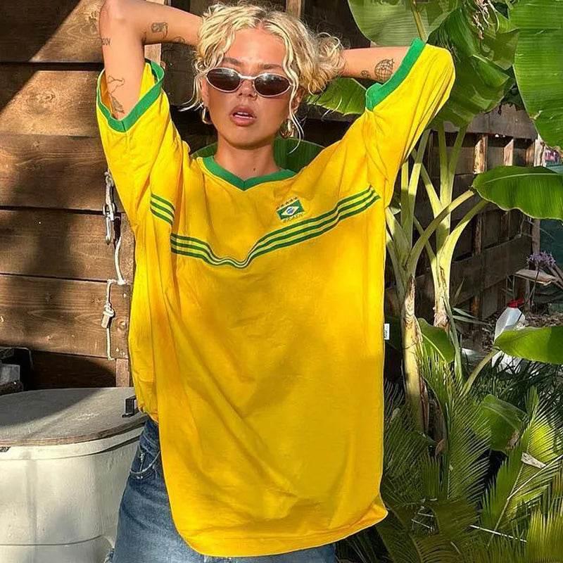 Brazil Embroidery Yellow Tshirt Casual Loose Medium And Long Sleeves Y2k Clothing Tops Oversized T-shirt Beach Summer Women Tees - Empire P.E