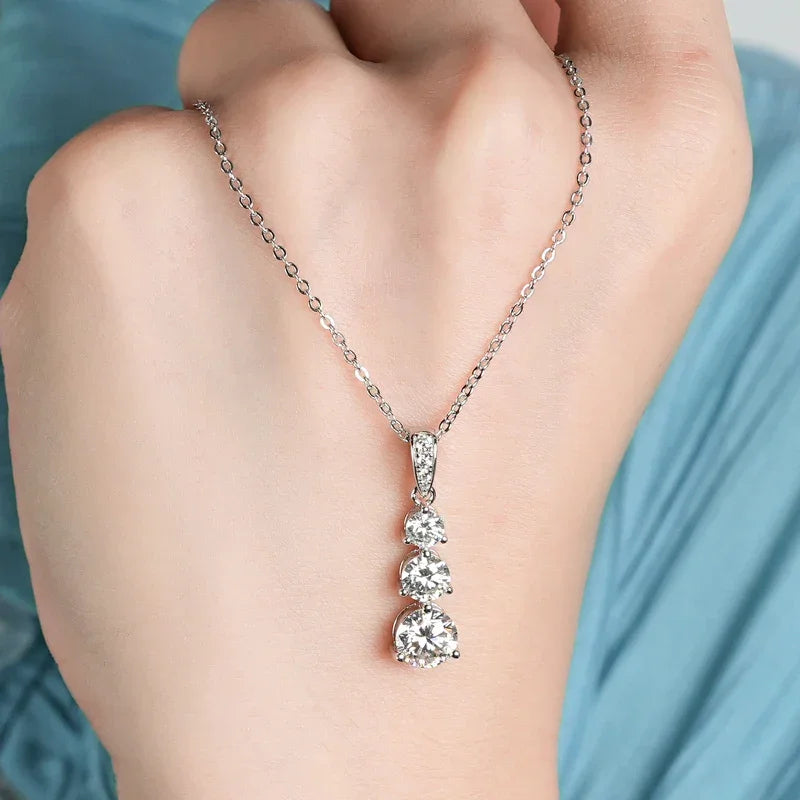 Moissanite Three stone Pendant necklace for Women 925 Sterling Silver Round Cut - Empire P.E