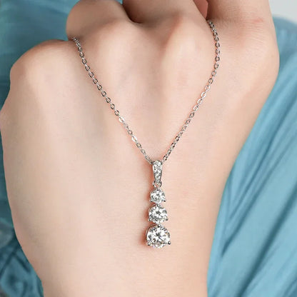 Moissanite Three stone Pendant necklace for Women 925 Sterling Silver Round Cut - Empire P.E
