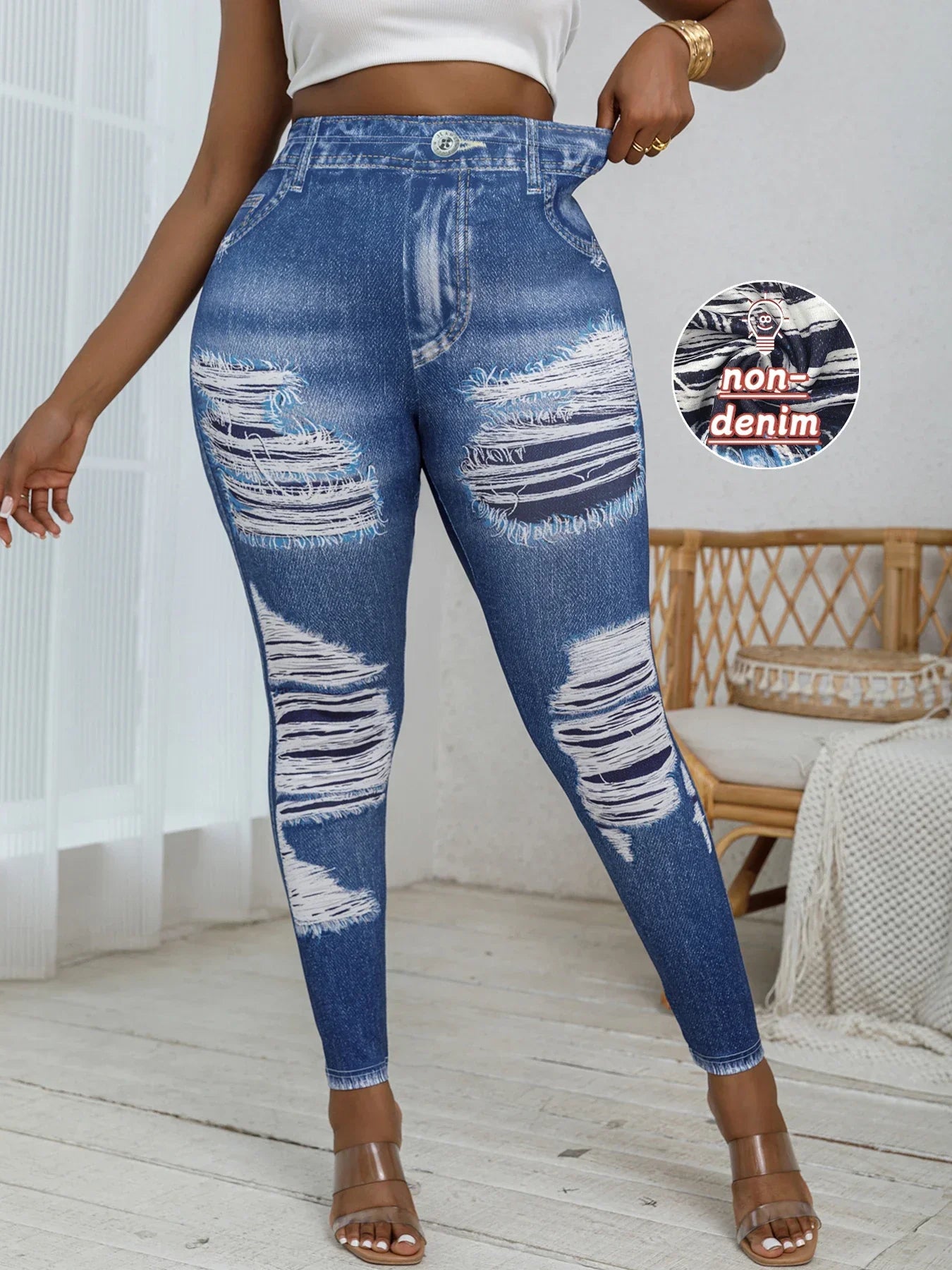 Plus Size Women's Tight Leggings Imitation Denim Print Ripped Pattern - Empire P.E