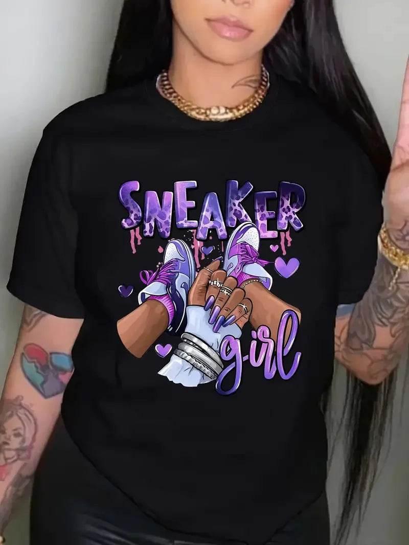Plus Size Sneaker Girl Graphic Print T-shirt, Casual Short Sleeve Crew Neck Top, Women's Clothing - Empire P.E